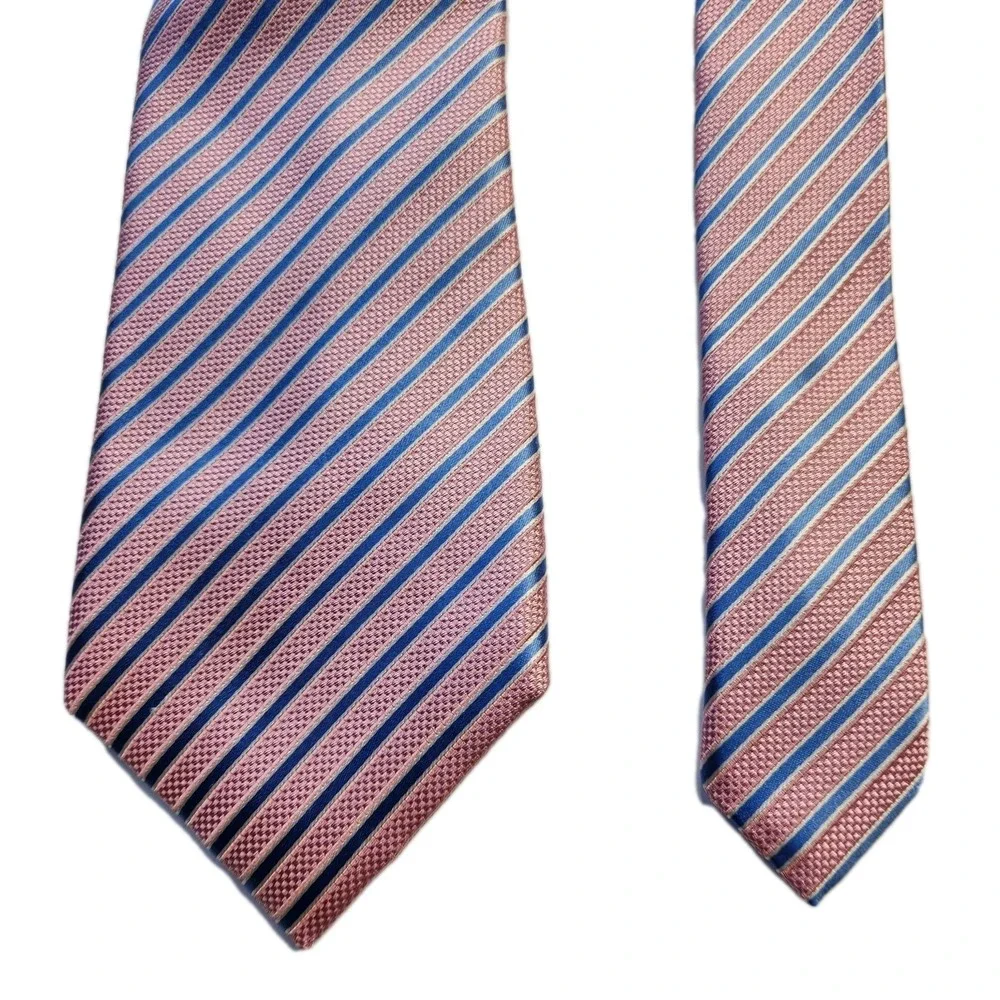 Tasso Elba 100% Silk Striped Repp Tie Hand‎ Made Pink Blue Stripes Mens Necktie